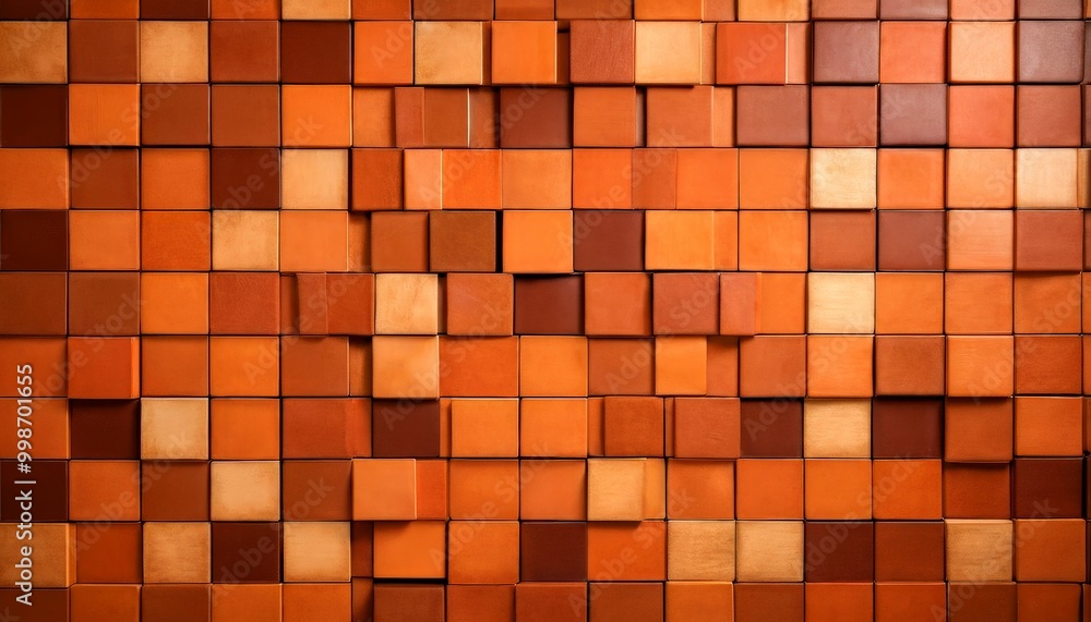 Aufkleber A 3D of a wall composed of numerous small square tiles in various shades of orange and brown, creating a textured and visually appealing pattern.