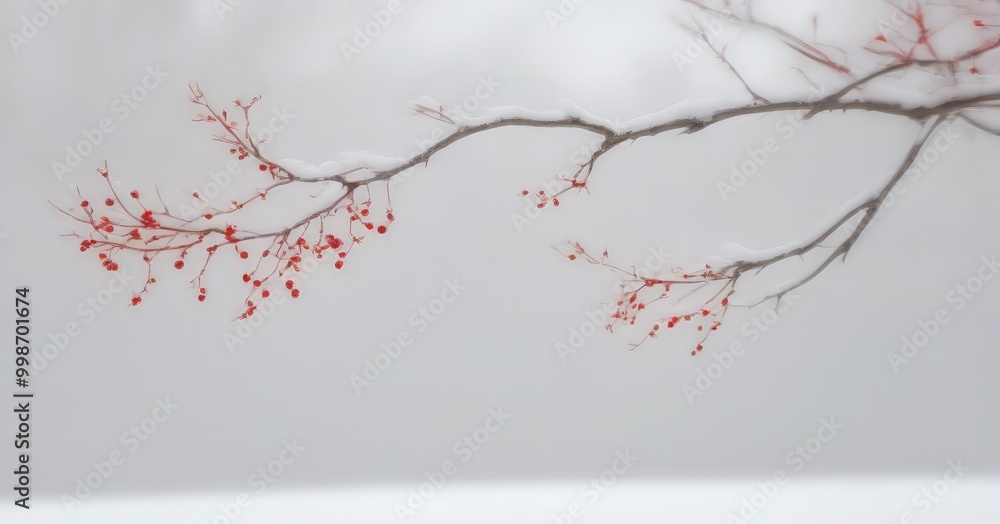 Poster a bare tree branch with red berries against a gray, overcast sky