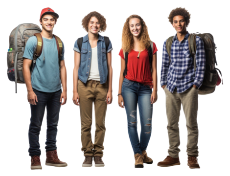 PNG 4 teen friends backpacking footwear adult white background. - Powered by Adobe