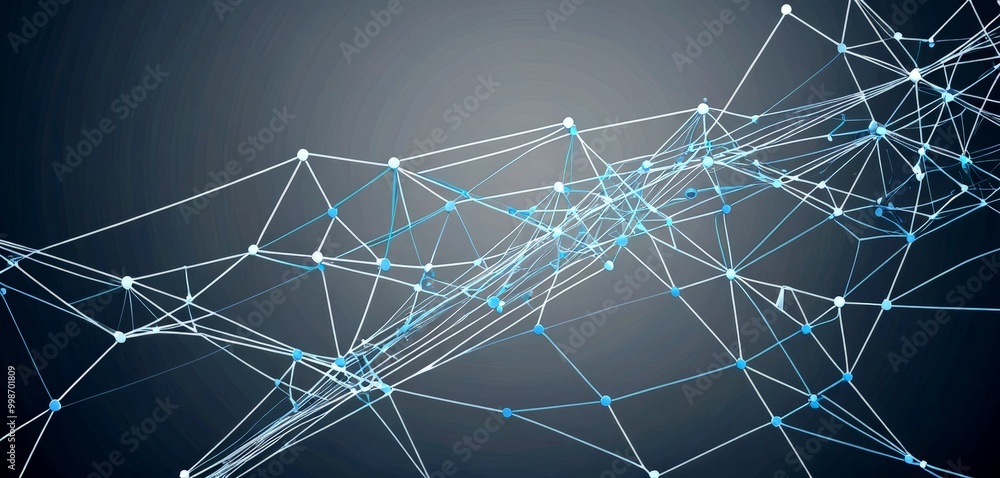 Poster a complex network of interconnected lines and dots, resembling a digital or technological abstract design The lines and dots are arranged in a way that
