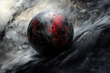 A modern abstract design featuring floating sphere amidst swirling clouds, showcasing dramatic interplay of dark and red hues. artwork evokes sense of mystery and depth