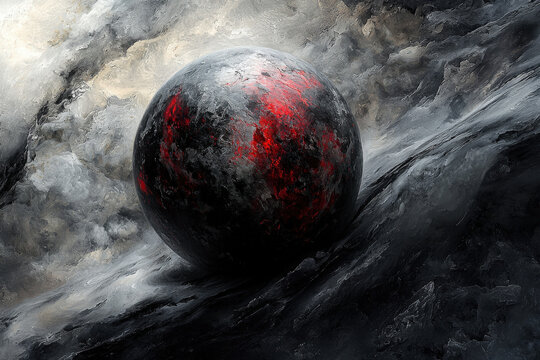 A modern abstract design featuring floating sphere amidst swirling clouds, showcasing dramatic interplay of dark and red hues. artwork evokes sense of mystery and depth