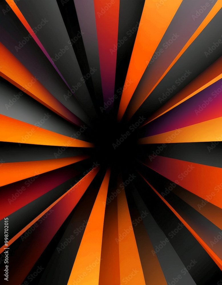 Poster Radiating Pattern: A striking abstract design featuring radiating lines in a gradient of orange, black, and purple, creating a sense of depth and movement