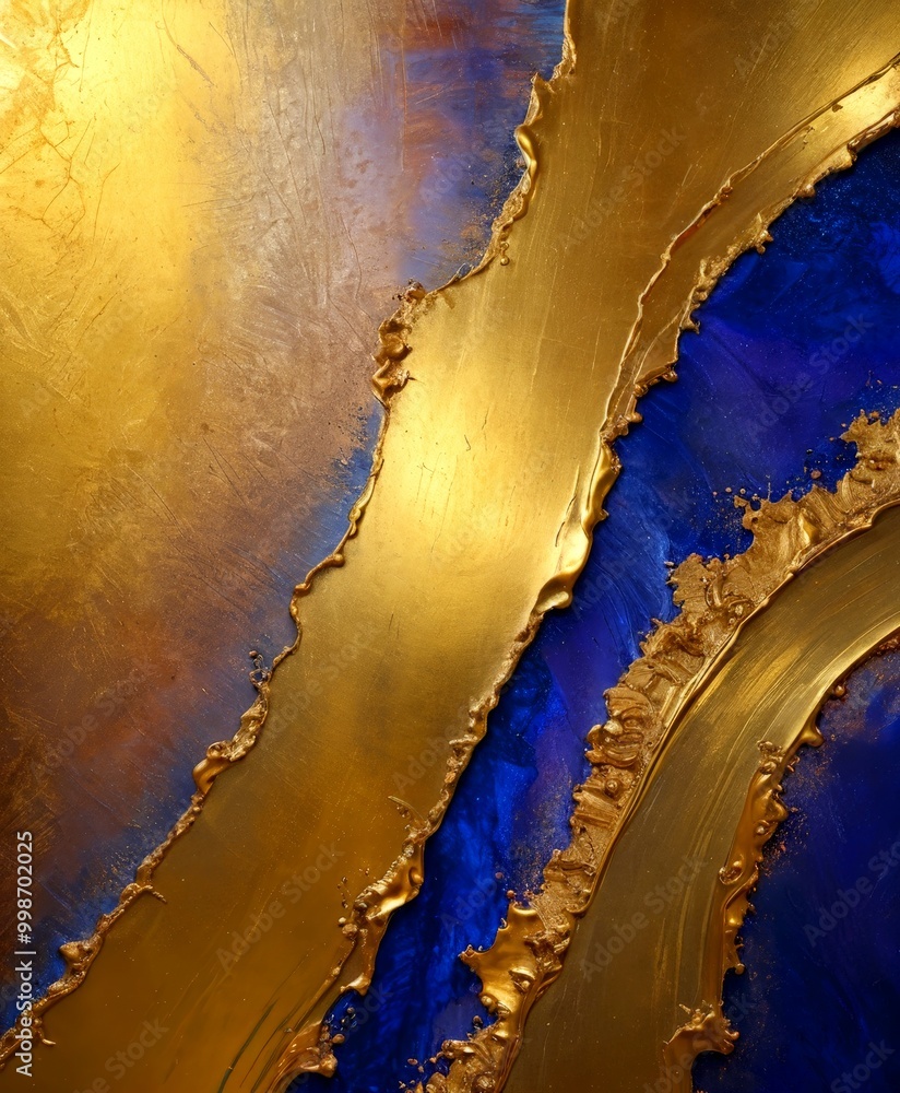 Poster a close-up view textured surface with a golden and blue color palette The golden section appears to be cracked and weathered, while the blue section has a smooth,