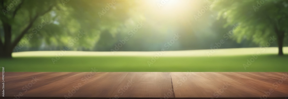 Poster a wooden table sits in the foreground, with a blurred park scene in the background featuring trees a