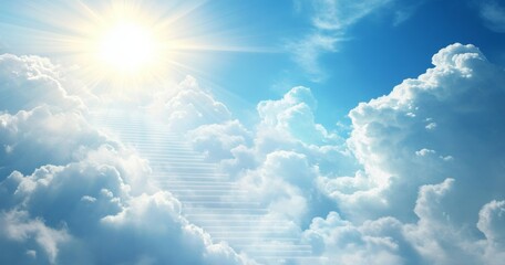  Heavenly stairway leading up into a bright blue sky, surrounded by fluffy white clouds and radiant sunlight