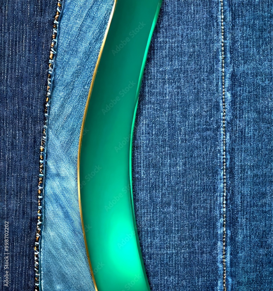 Poster a close-up view collection of denim jeans, each with distinct stitching patterns and colors The jeans are arranged in a vertical line, with the leftmost jeans displaying