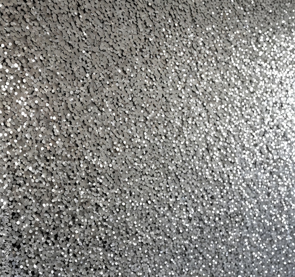 Poster a close-up view textured surface with a silver glittery appearance, resembling a metallic wall or a 