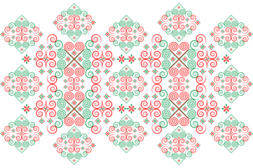 Hmong ethnic fabric patterns are spiral lines connected in shapes and flowers, which combine traditional and modern designs, used in clothing design.