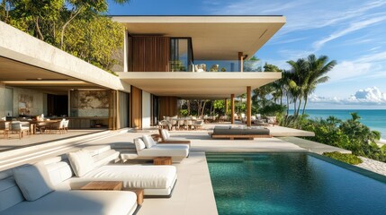 Fototapeta premium A modern beachfront villa, with an expansive patio lounge offering sweeping ocean views, blending contemporary design and seaside luxury