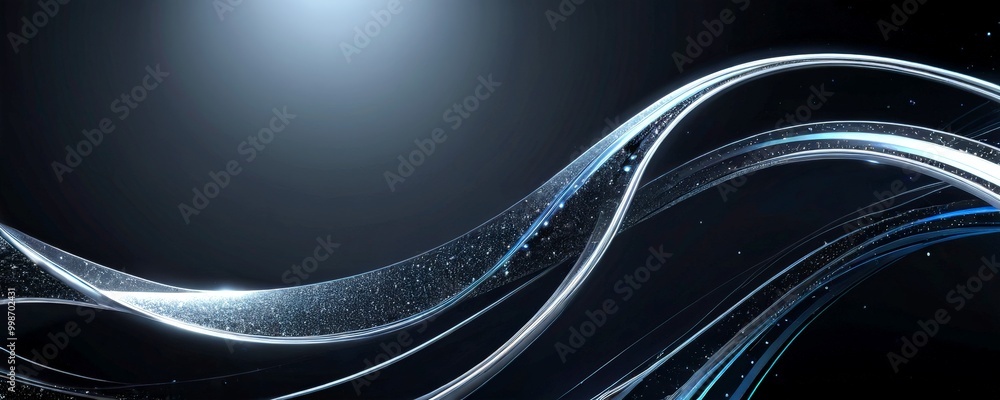 Poster a dark background with a series of curved lines and dots in shades of blue and silver, creating a sense of movement and energy