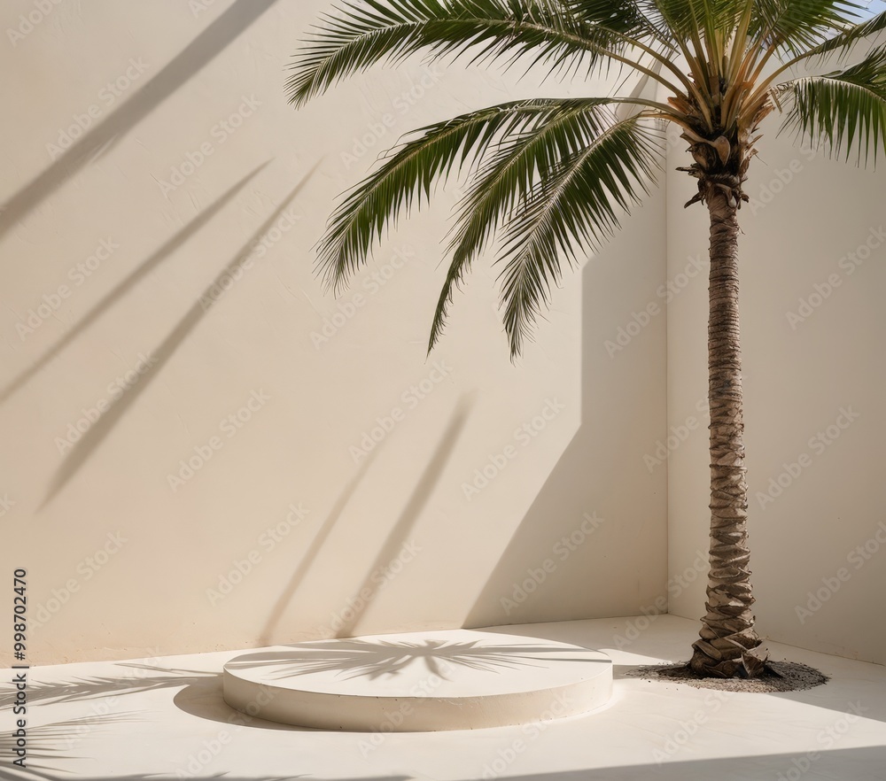 Poster a palm tree with a brown trunk and green fronds stands next to a white pedestal with a round base, c