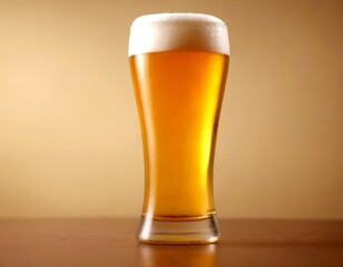 A glass of amber-colored beer with a frothy white head stands on a wooden surface against a beige background