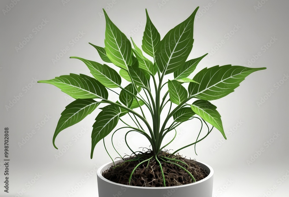 Aufkleber a potted plant with large green leaves and a small root system is displayed against a plain white ba