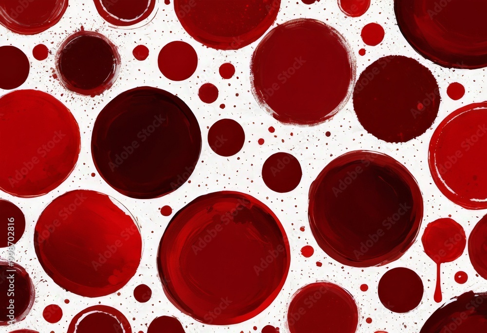 Poster a pattern of red circles and splatters, creating a visually striking and abstract design