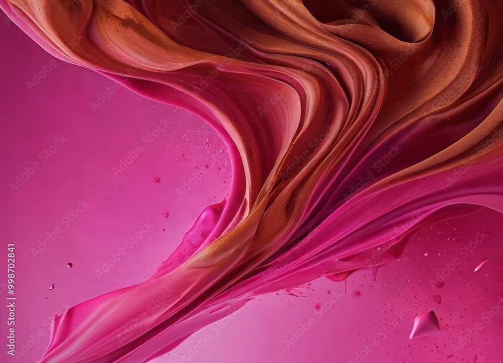 Poster a vibrant abstract composition of flowing, swirling pink and orange hues, with splashes of water dro