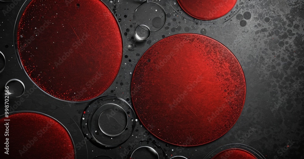 Aufkleber a close-up view dark red circular object with a textured surface, surrounded by smaller circular objects in shades of black and silver, creating a visually striking
