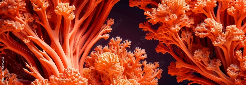 Poster a close-up view coral reef, with a variety of orange and white coral formations arranged in a complex pattern