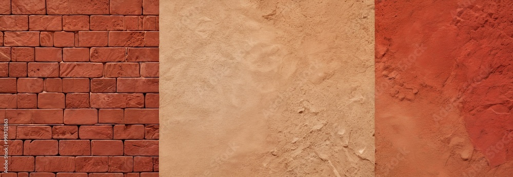 Poster three distinct sections wall, each with a different color and texture On the left, a red brick wall with a rough texture In the middle, a light