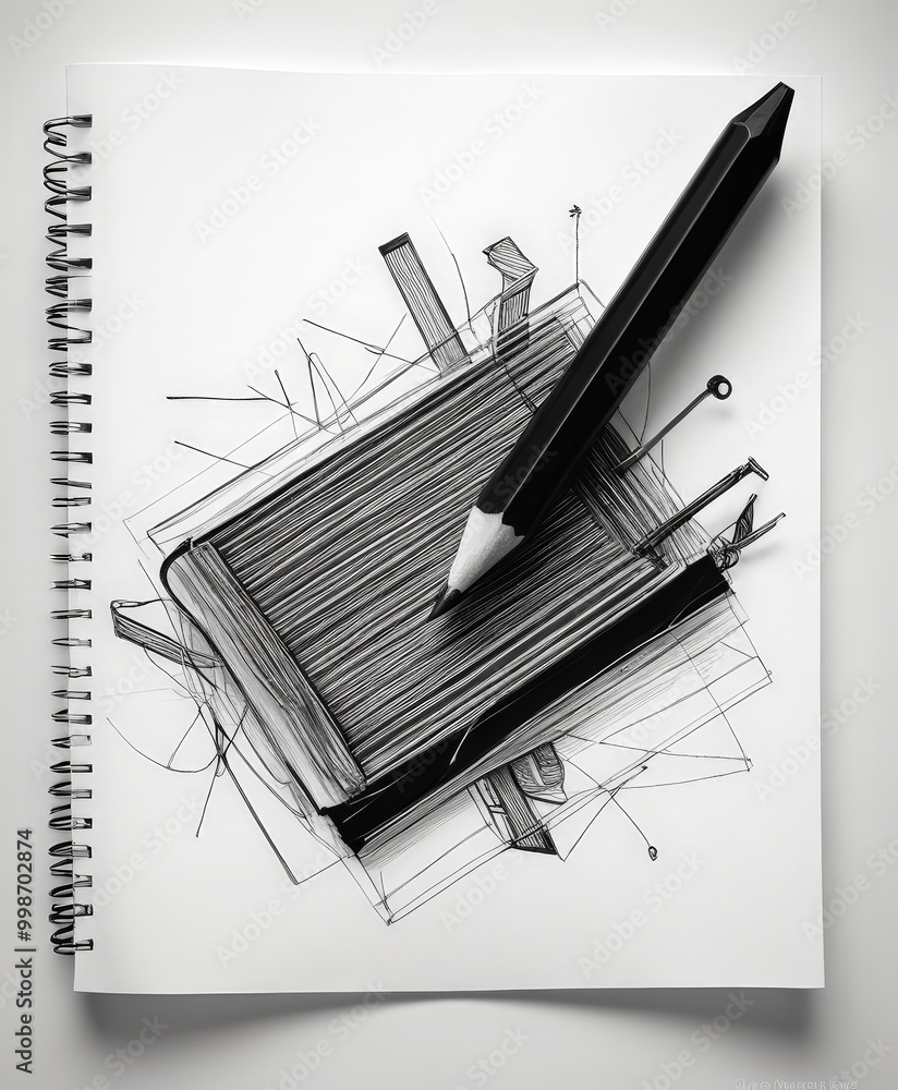 Poster a black and white sketch pencil resting on a spiral-bound notebook, with a key and a small plant in 