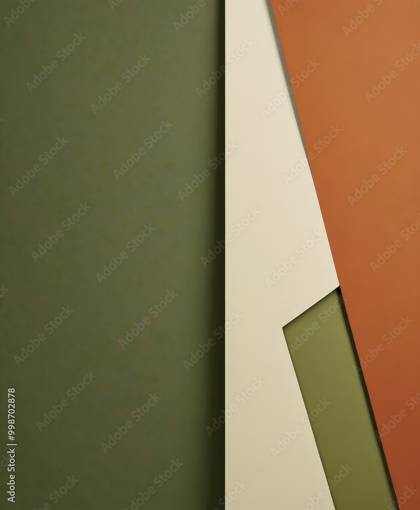 Aufkleber a geometric composition of overlapping paper shapes in various shades of green, white, and orange, creating a visually striking abstract pattern