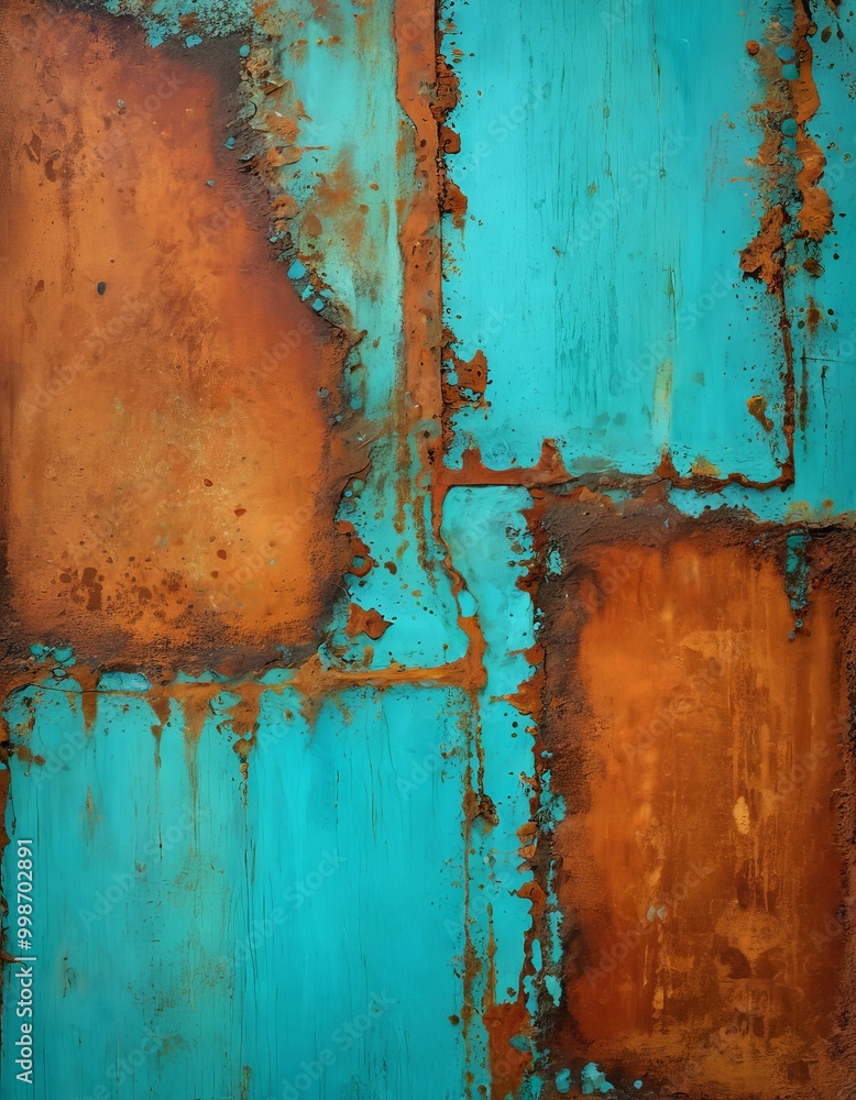 Poster a close-up view textured surface with a vibrant turquoise and orange color palette The surface appears to be made of metal, with visible rust and peeling paint, creating