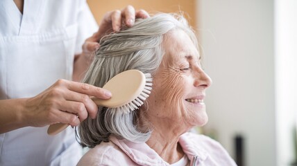  A close-up of a caregiver gently combing an elderly woman’s hair, focusing on personal grooming and tender care.
