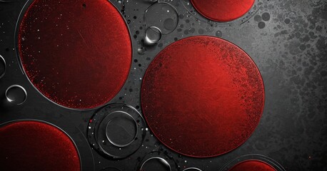 a close-up view dark red circular object with a textured surface, surrounded by smaller circular objects in shades of black and silver, creating a visually striking