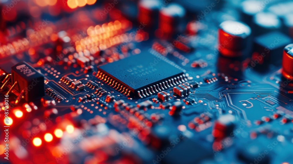 Poster closeup of intricate microchips and circuits on a motherboard, showcasing advanced data technology a