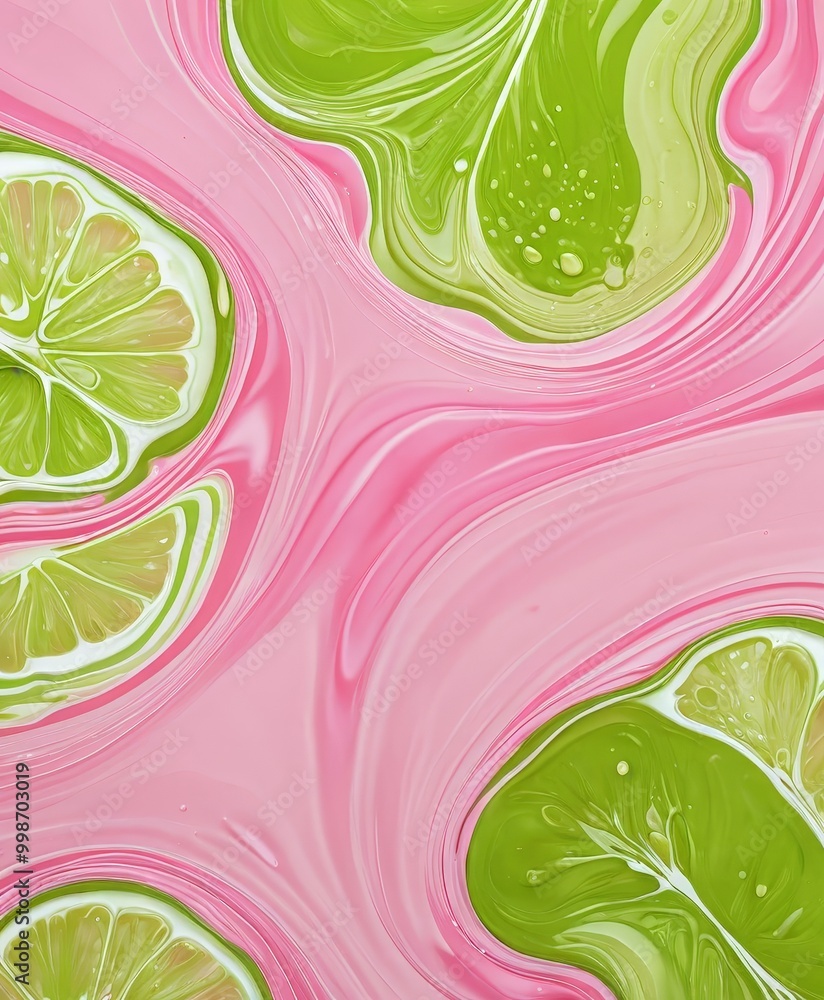 Poster a vibrant abstract composition with a pink and green gradient background, accented by lime slices an