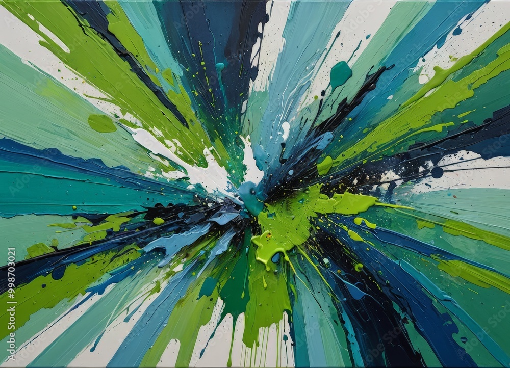 Poster an abstract painting featuring a vibrant explosion of colors, predominantly green, blue, and white, 