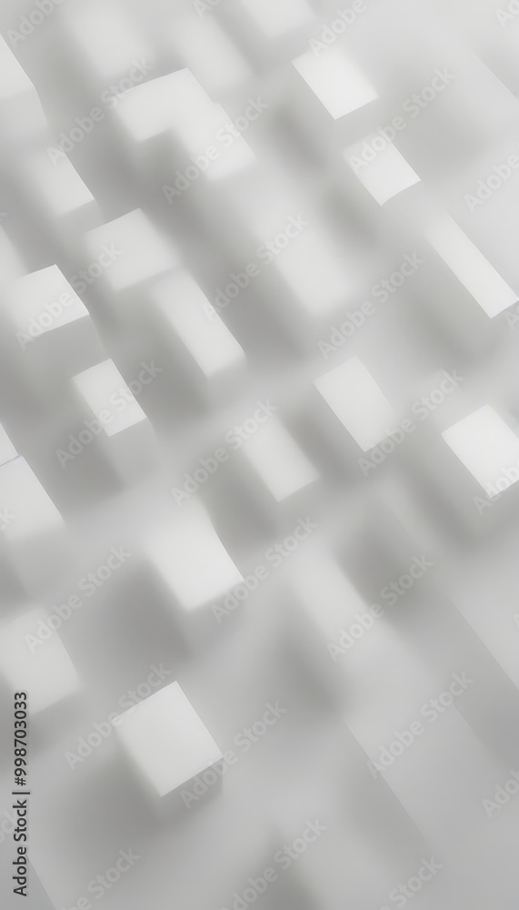 Poster a grid of white cubes, each varying in size, arranged in a diagonal pattern The cubes are slightly tilted, creating a sense of depth and dimensionality The