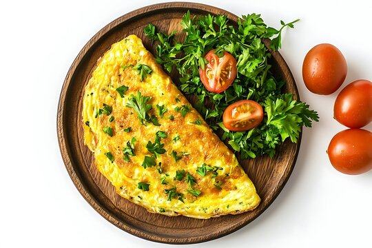 top view of omelete in wooden plate
