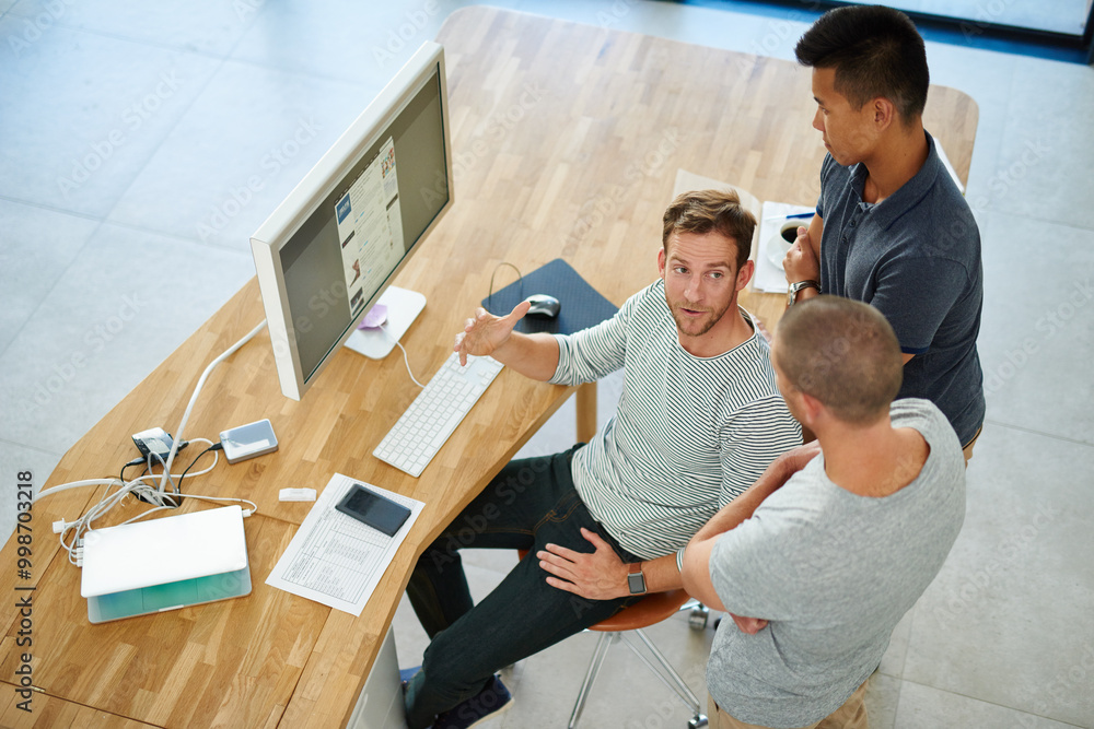 Poster Team, business men or planning on computer for creative design, software or brainstorming. Group, discussion or manager with ux designer for training, help or website development on screen in startup