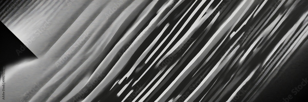 Poster a black and white photograph featuring a diagonal pattern of vertical and horizontal lines, creating a sense of movement and rhythm
