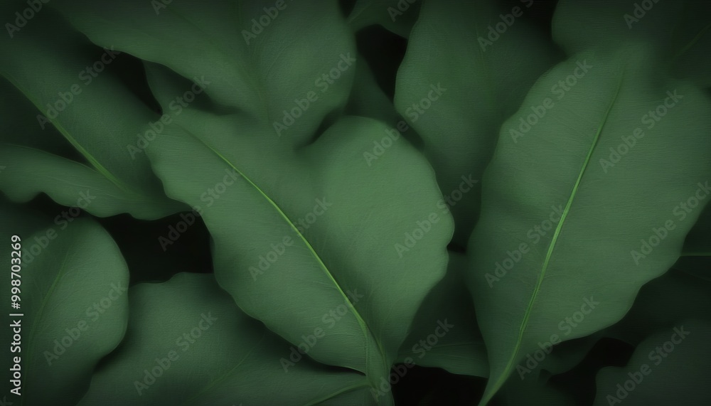 Aufkleber close-up leaf with a dark green color and a thin white line running through it, set against a dark b