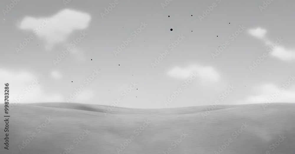 Poster A black and white vast, flat landscape with a few scattered clouds and small dots of light, creating a sense of depth and movement