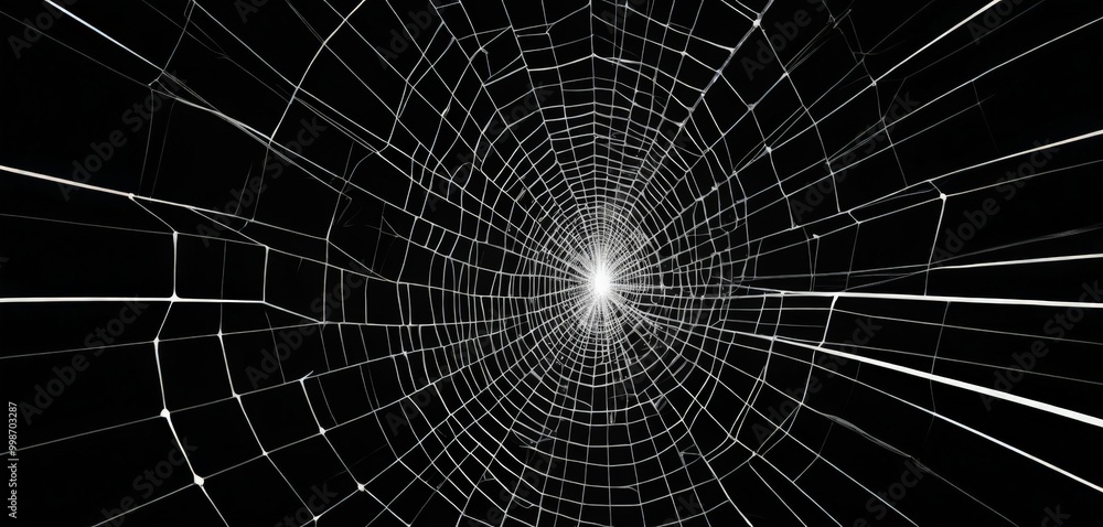 Poster A black and white spider web with a bright light at the center, creating a sense of depth and dimension