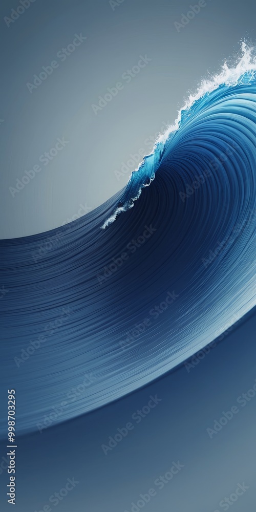 Poster a large, curling wave with a deep blue color and white foam on top, set against a gradient background transitioning from light blue to darker blue