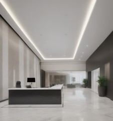 Fototapeta premium a modern and minimalist lobby with a sleek black reception desk, white marble flooring, and recessed lighting