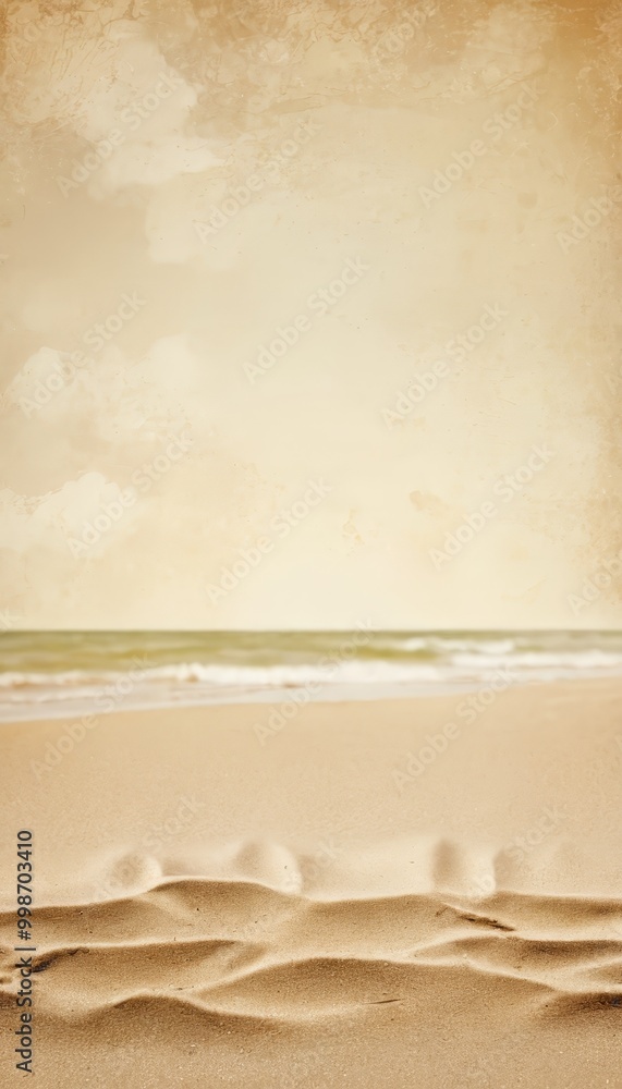 Poster a serene beach scene with a light beige sand, a calm ocean, and a hazy sky with wispy clouds.