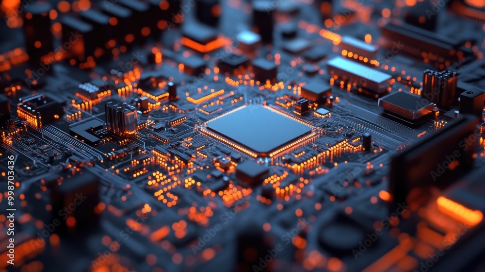 Poster closeup of intricate microchips and circuits on a motherboard, showcasing advanced data technology a