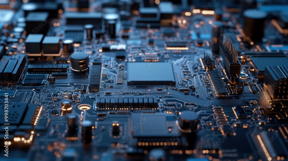Poster closeup of intricate microchips and circuits on a motherboard, showcasing advanced data technology a