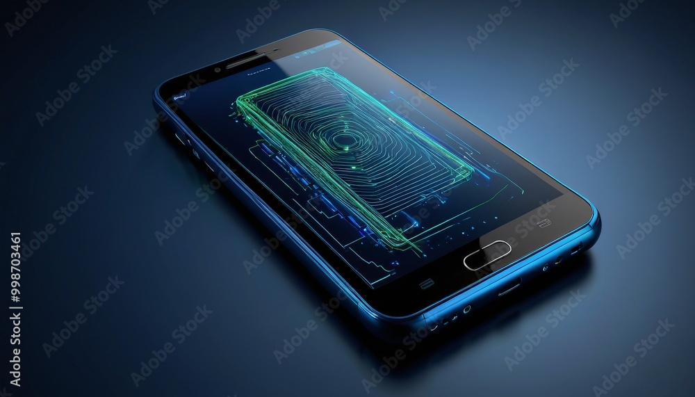 Poster a smartphone with a blue screen displaying a green circuit diagram