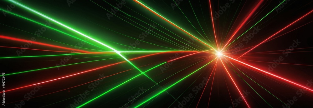 Poster a vibrant display of green and red laser beams radiating outwards from a central point, creating a dynamic and visually striking effect