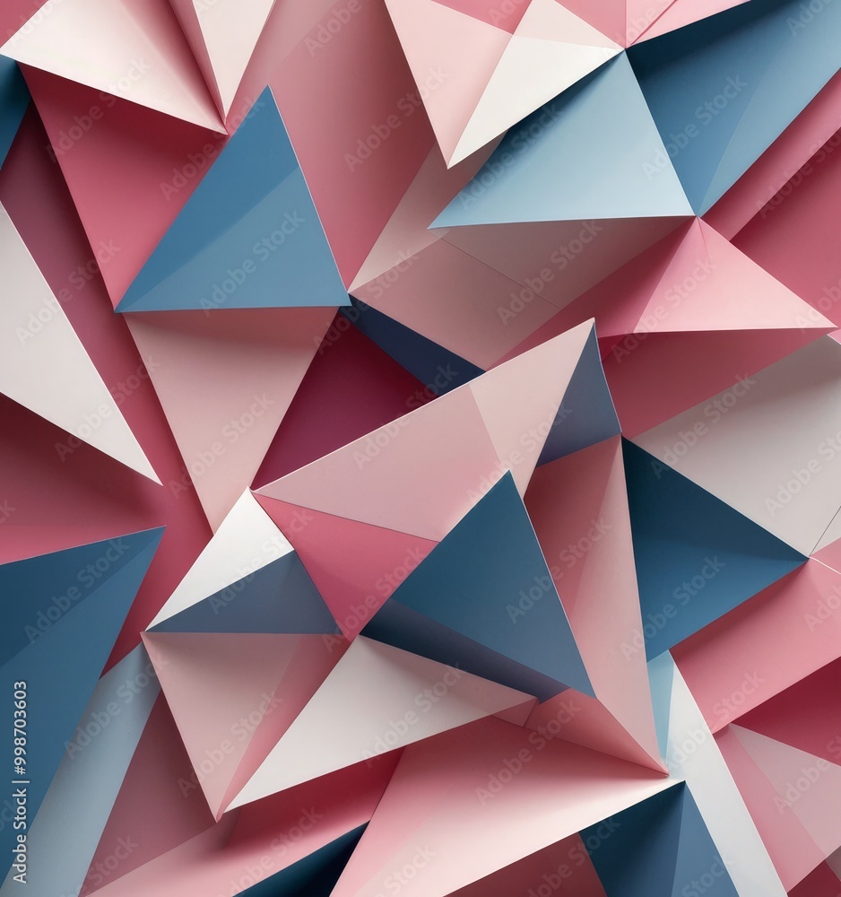 Poster a geometric pattern composed of overlapping triangular shapes in various shades of pink, blue, and w