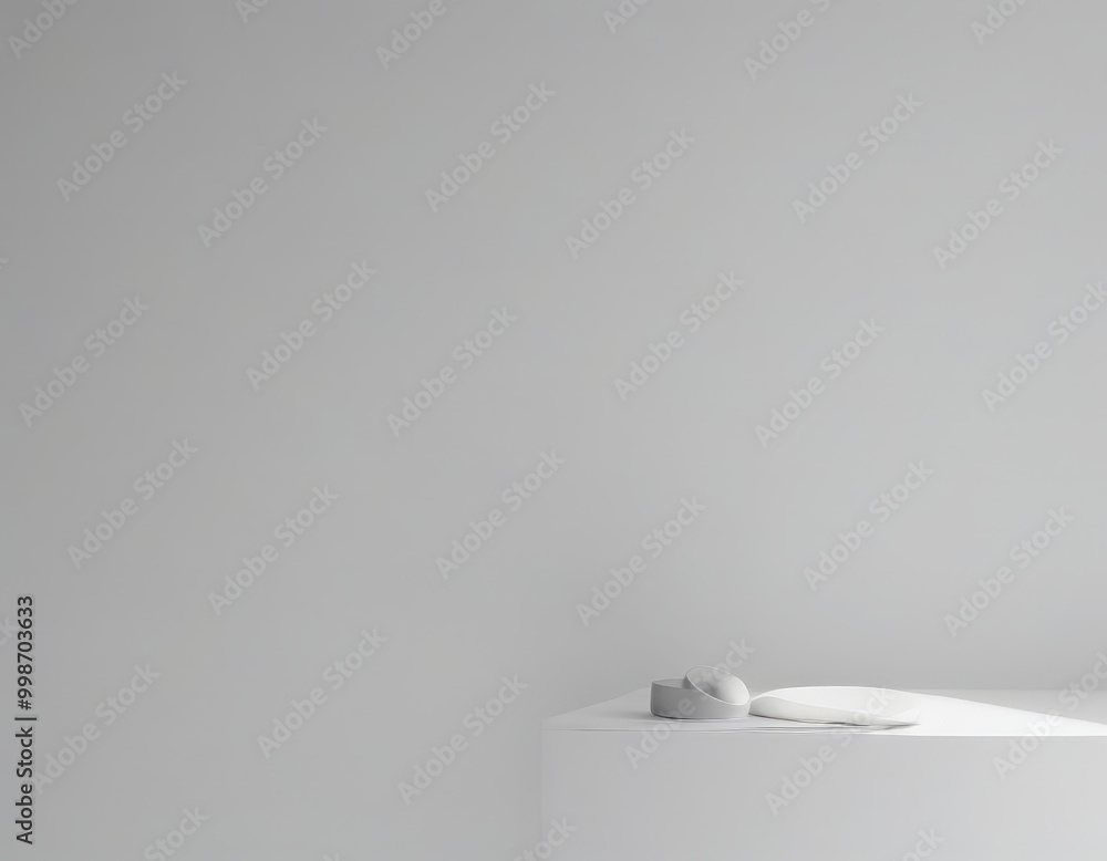 Poster a minimalist white shelf with a small white object on top, set against a plain gray wall