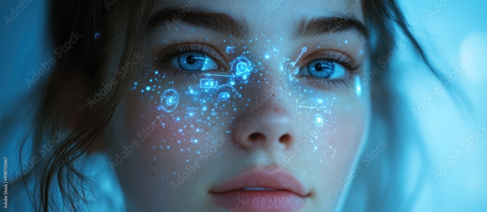 Wall mural Close-up portrait of a young woman with glowing blue particles on her face.