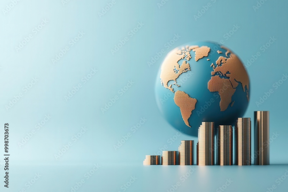 Poster a globe representing global growth with bar graphs symbolizing progress and development in a bright,