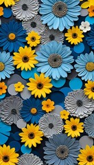 A vibrant collage of various paper flowers in shades of blue, yellow, and gray, arranged in a visually appealing pattern against a dark background